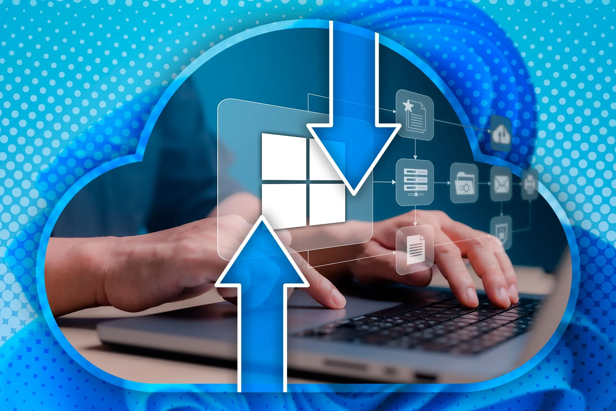 Người dùng laptop đang thực hiện sao lưu dữ liệu với các biểu tượng đám mây và ổ cứng xung quanh