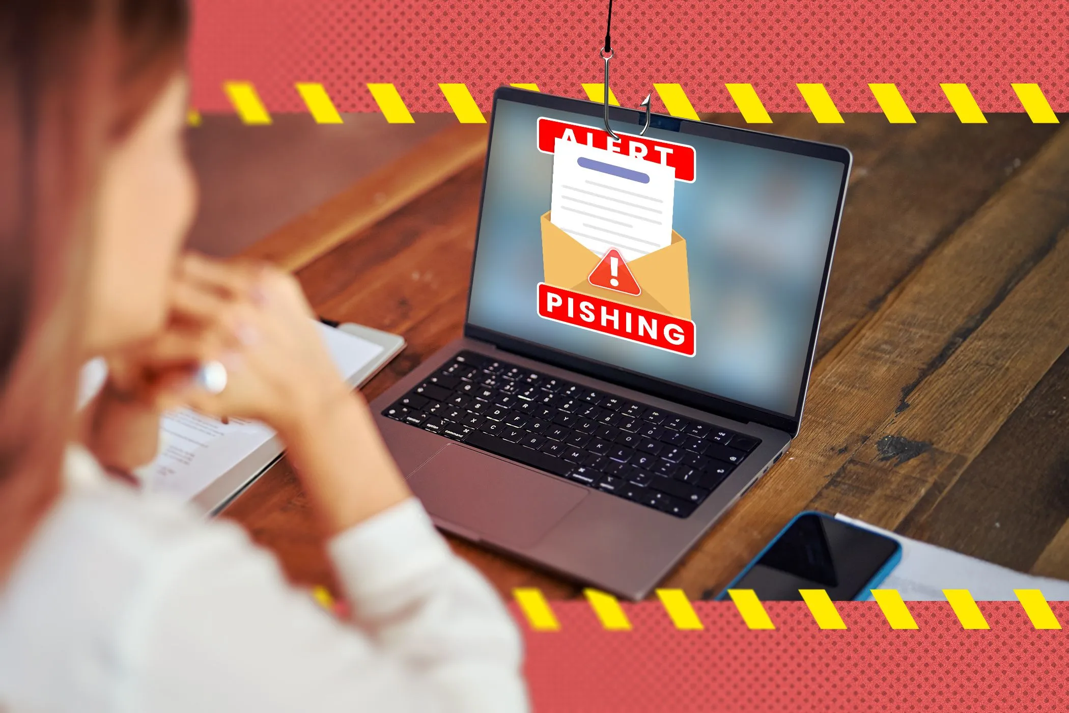 Người phụ nữ đang sử dụng máy tính xách tay hiển thị một email lừa đảo (phishing) trên màn hình, minh họa các cuộc tấn công email tinh vi nhờ AI.