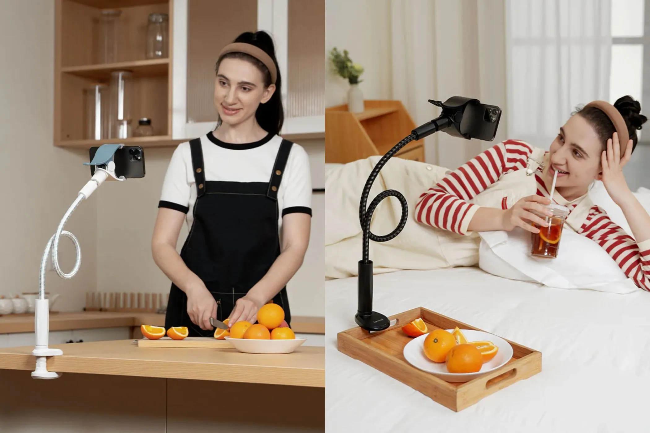 Người phụ nữ sử dụng giá đỡ điện thoại cổ ngỗng Lamicall khi nấu ăn và thư giãn, minh họa khả năng rảnh tay
