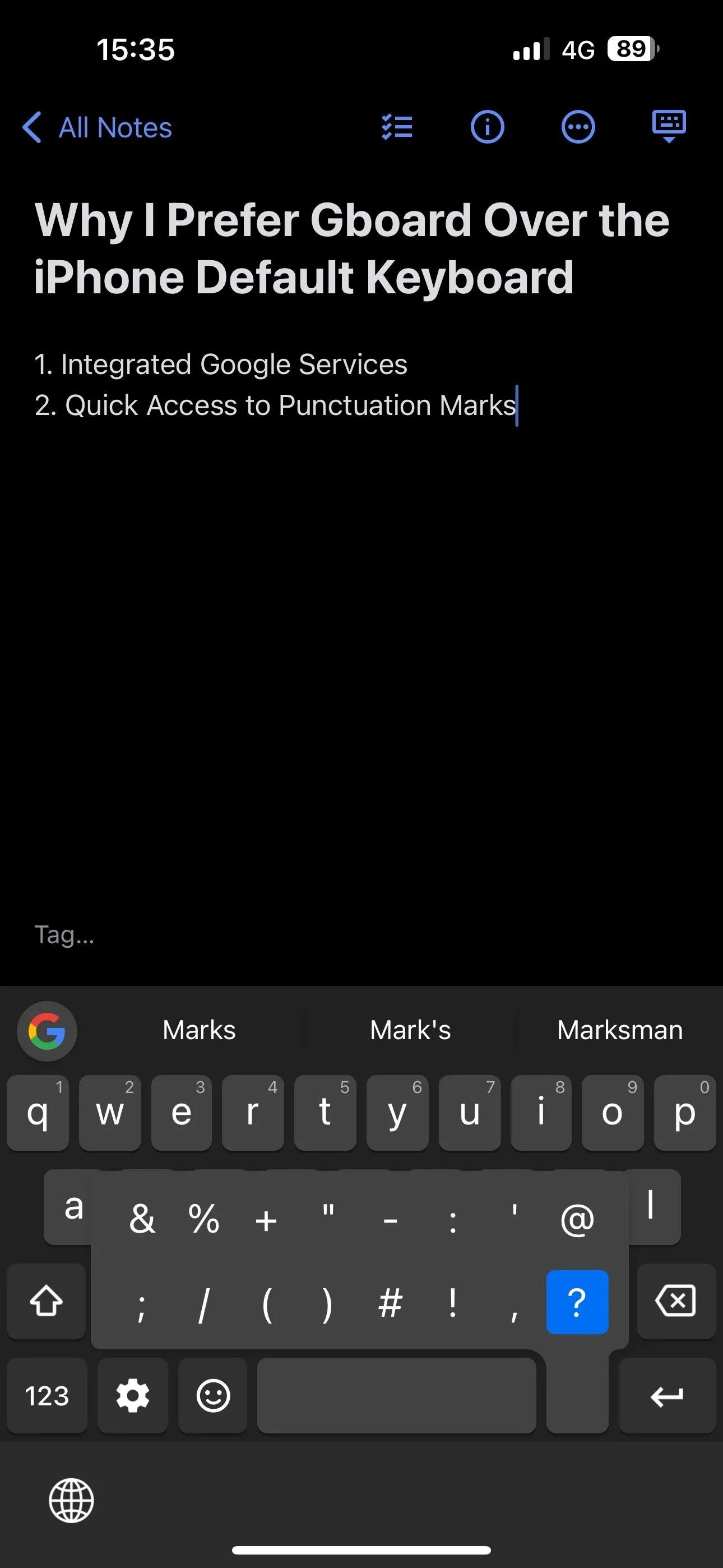 Nhấn giữ phím chấm để hiển thị menu các dấu câu và ký hiệu khác trong Gboard.