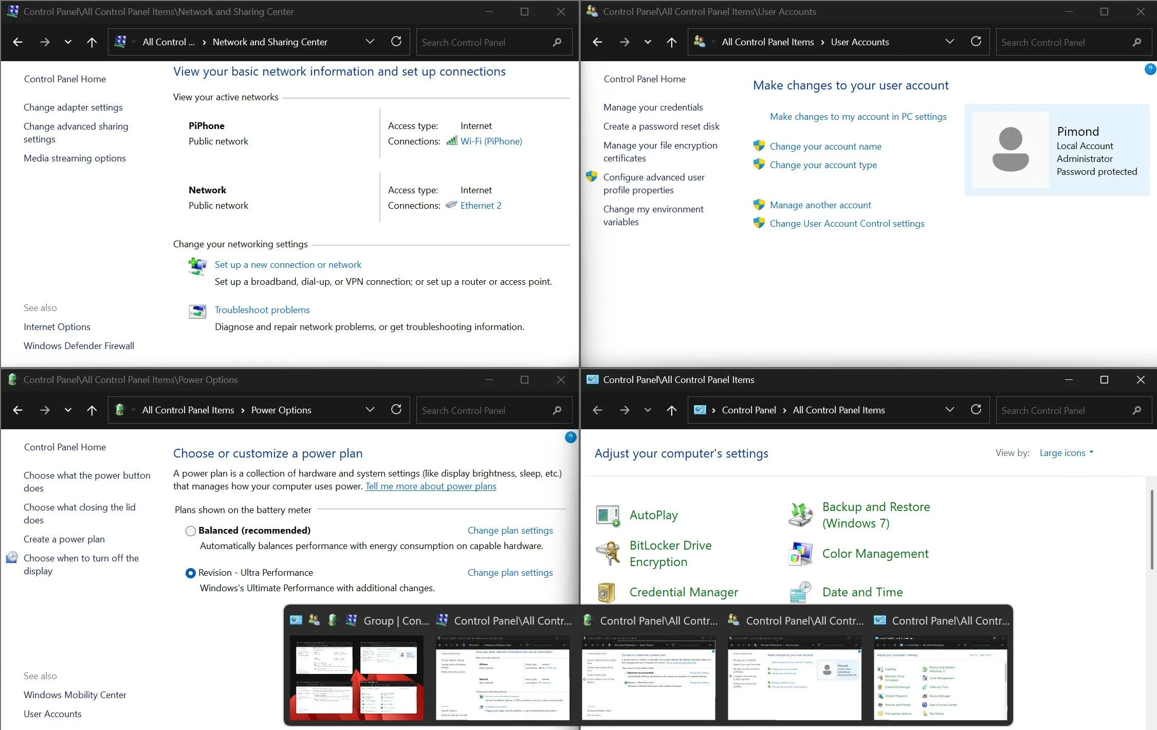 Nhiều cửa sổ Control Panel được mở đồng thời trên Windows 11