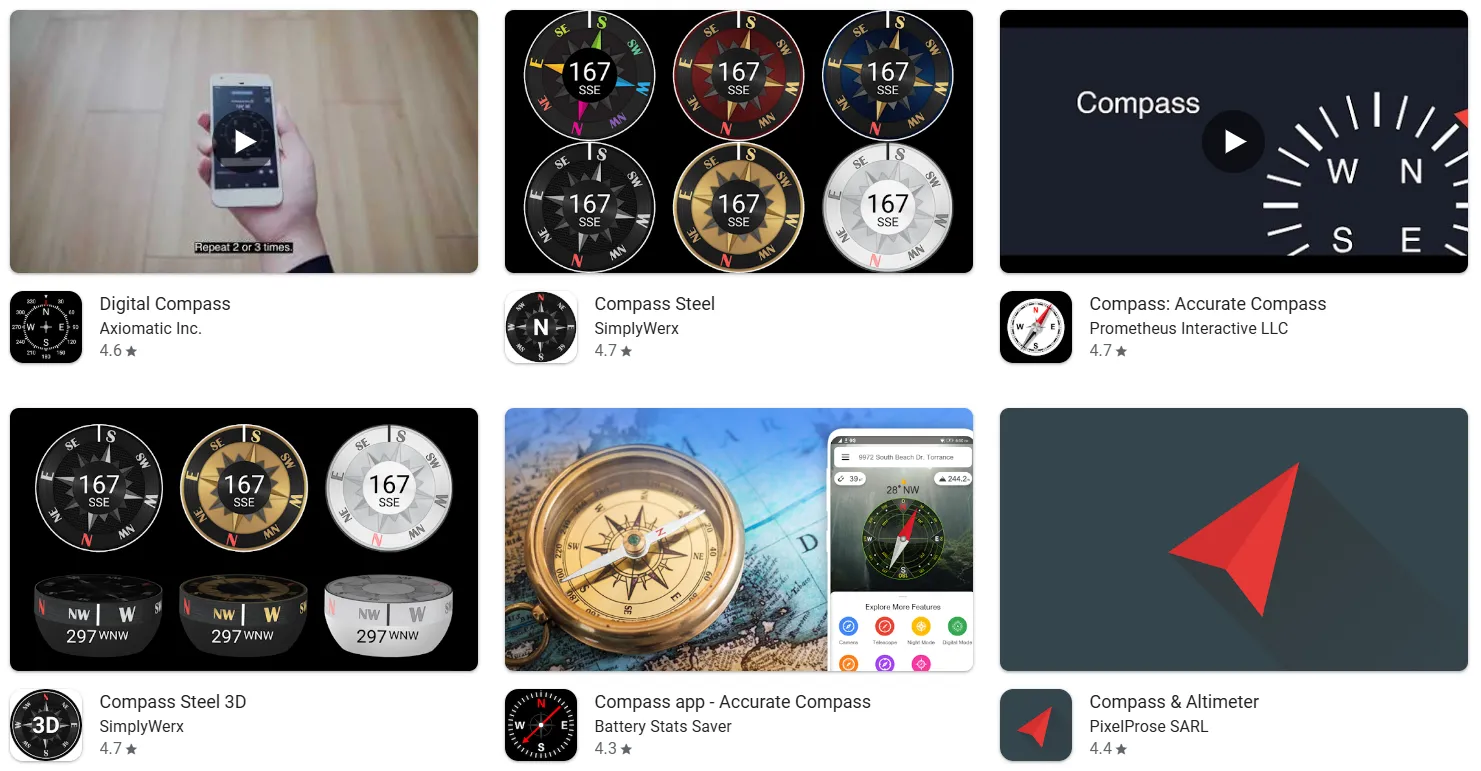 Nhiều ứng dụng la bàn khác nhau trên kho ứng dụng điện thoại Android và iOS