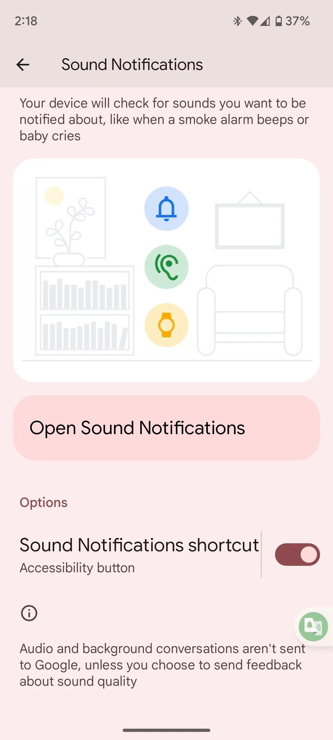 Nút bật tính năng Thông báo âm thanh trong cài đặt trợ năng của Android.