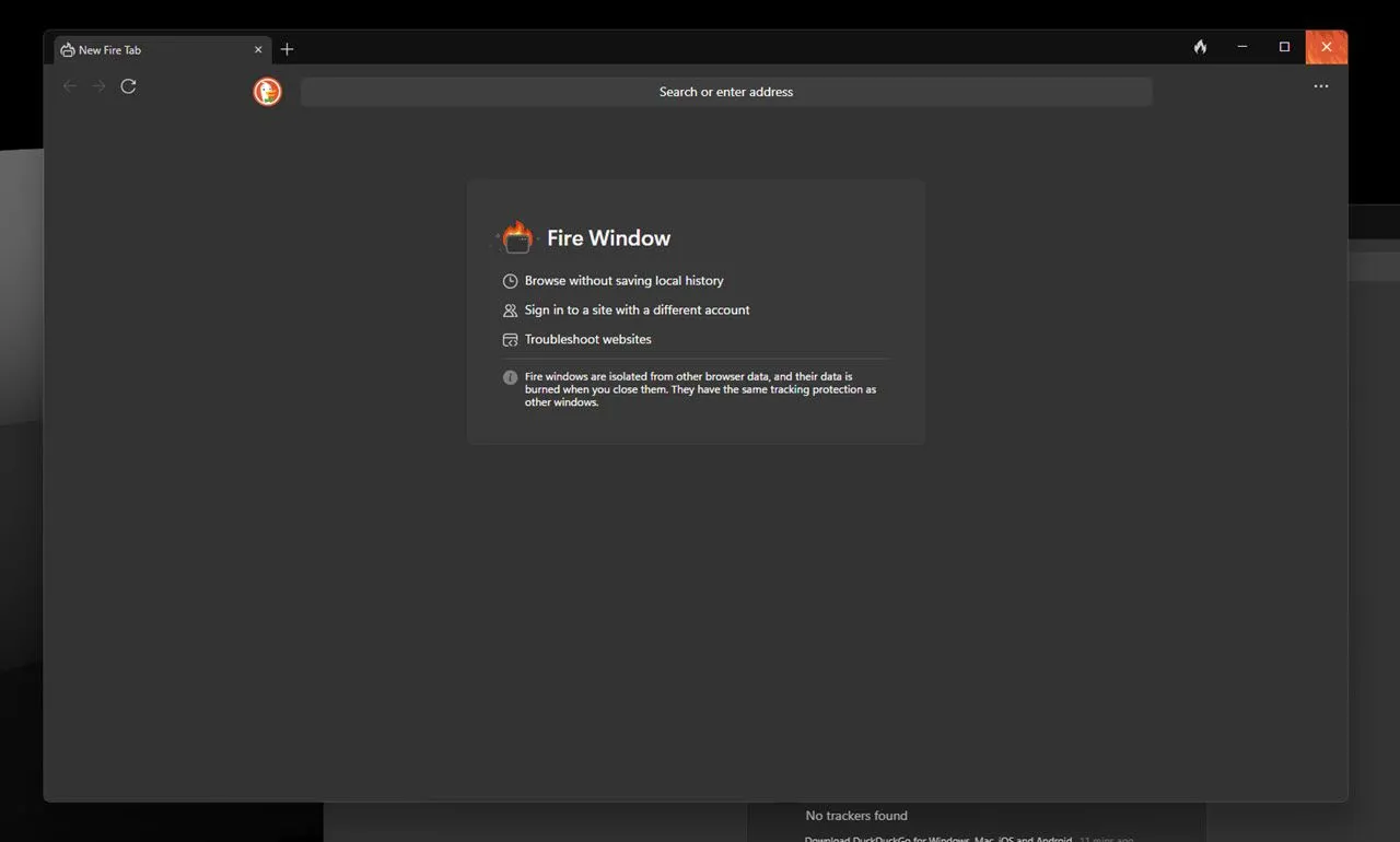 Nút Fire và cửa sổ Fire trong trình duyệt DuckDuckGo cho phép xóa toàn bộ dữ liệu duyệt web chỉ với một click