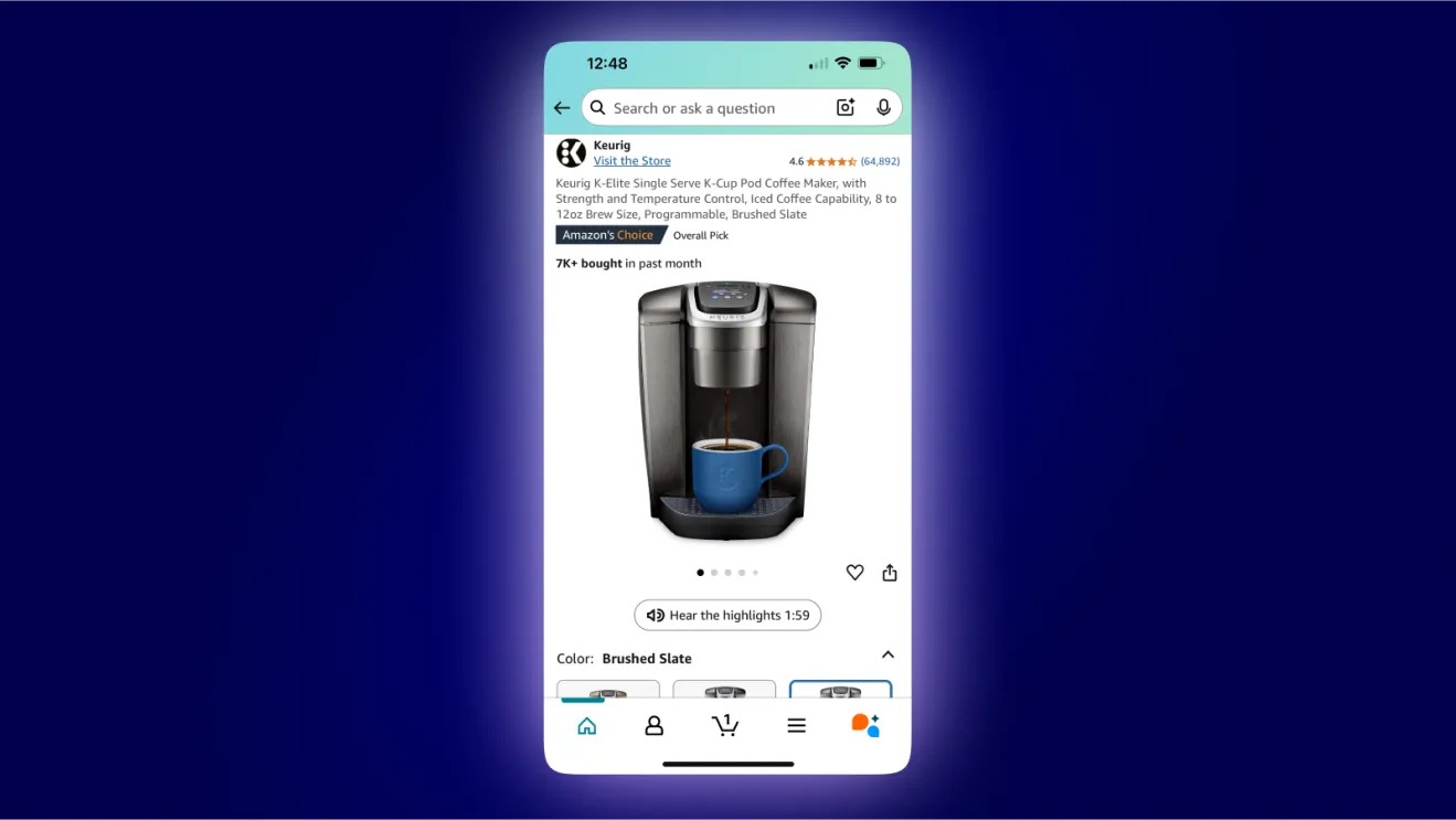 Nút Hear the highlights cho tính năng tóm tắt âm thanh AI trên ứng dụng mua sắm Amazon