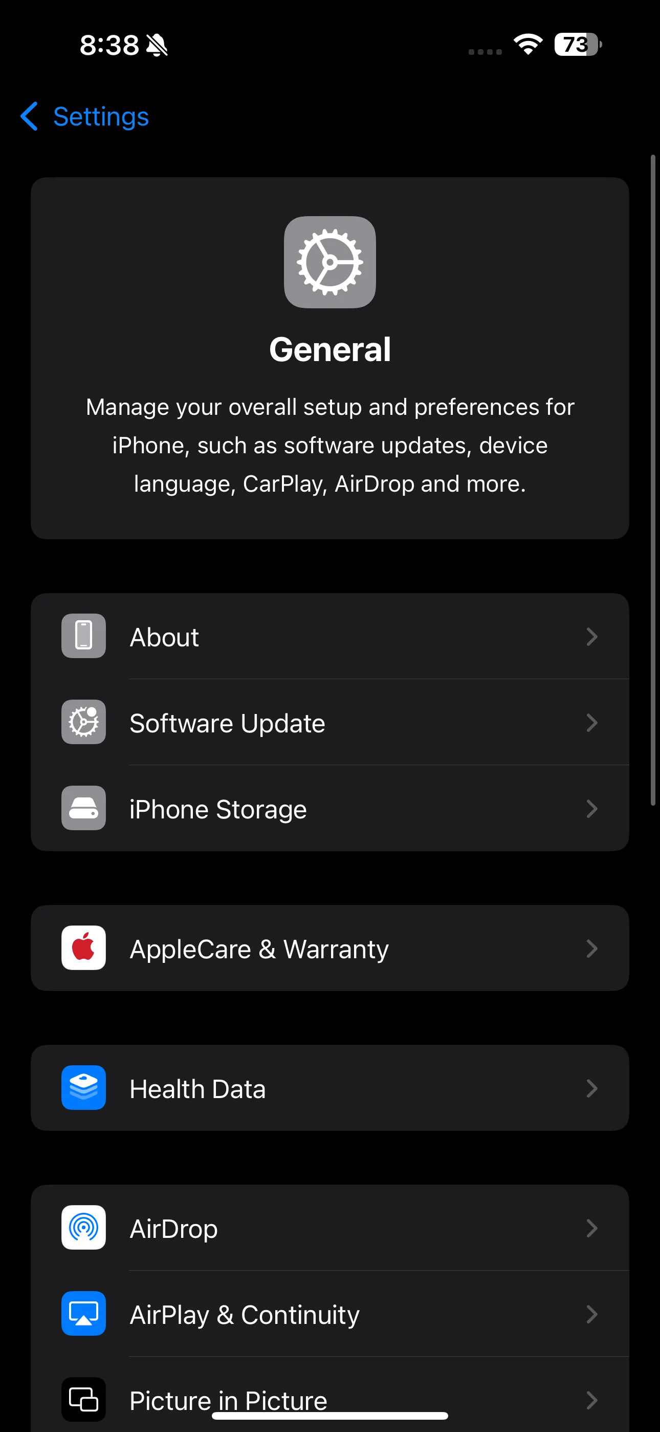 Phần Cài đặt chung trong ứng dụng Cài đặt trên iPhone