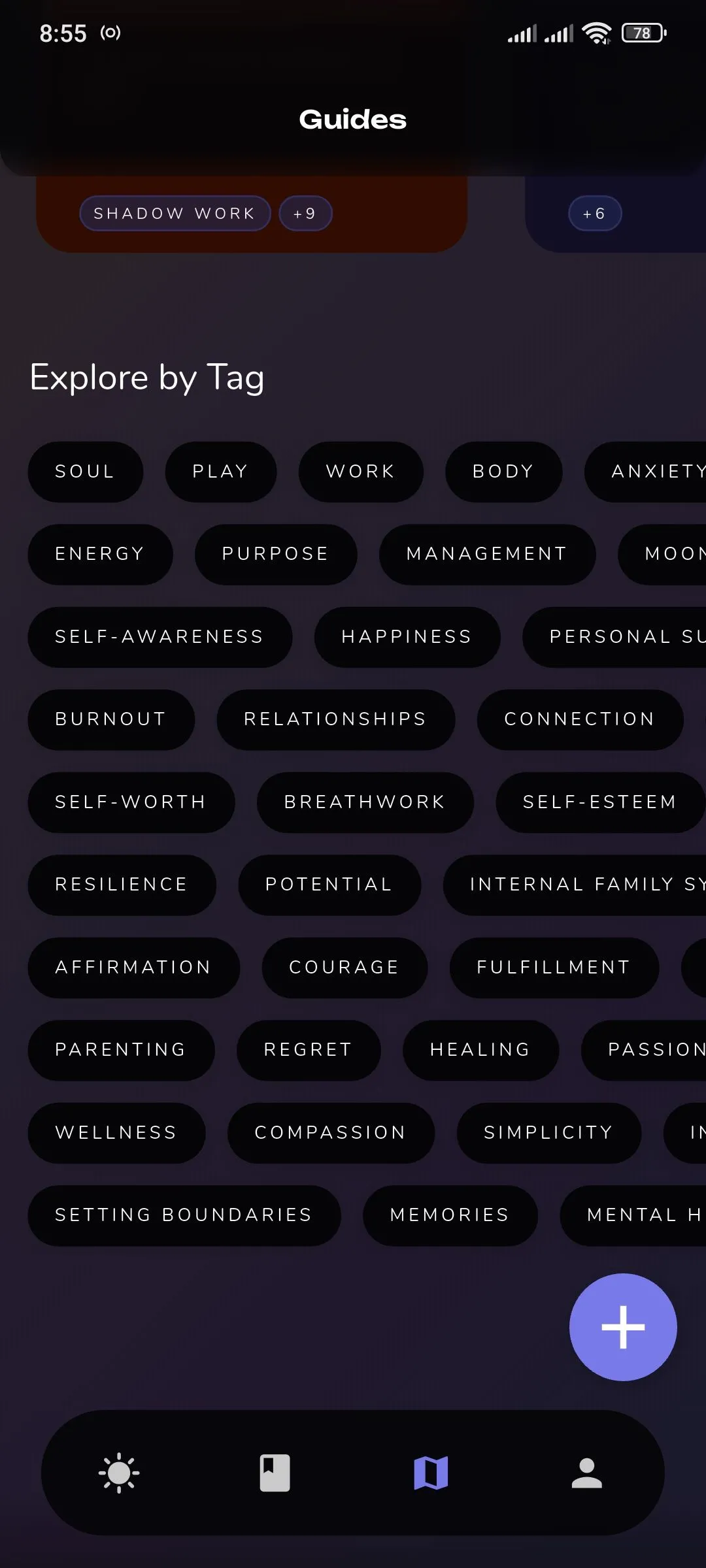 Phần hướng dẫn của Reflection.app với các thẻ phân loại như Sức khỏe Tinh thần, Công việc &amp; Tài chính