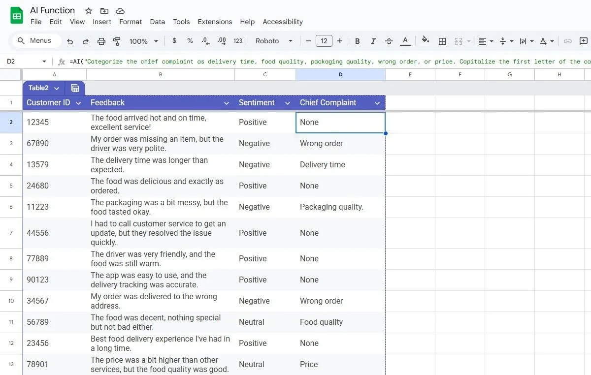 Phân loại chi tiết các khiếu nại của khách hàng bằng hàm AI trong Google Sheets