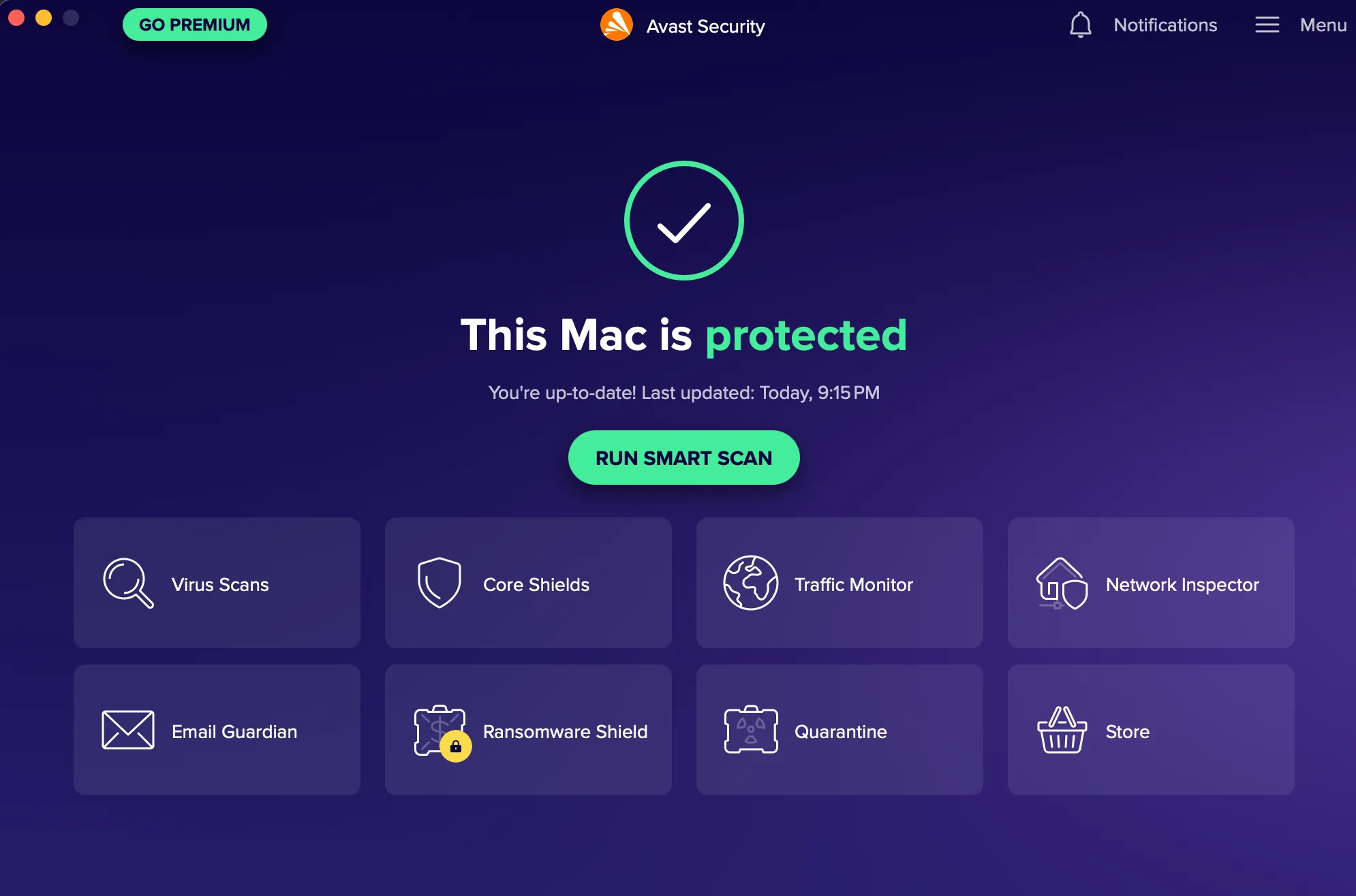 Phần mềm diệt virus Avast đang chạy trên hệ điều hành macOS, minh họa khả năng bảo vệ toàn diện.