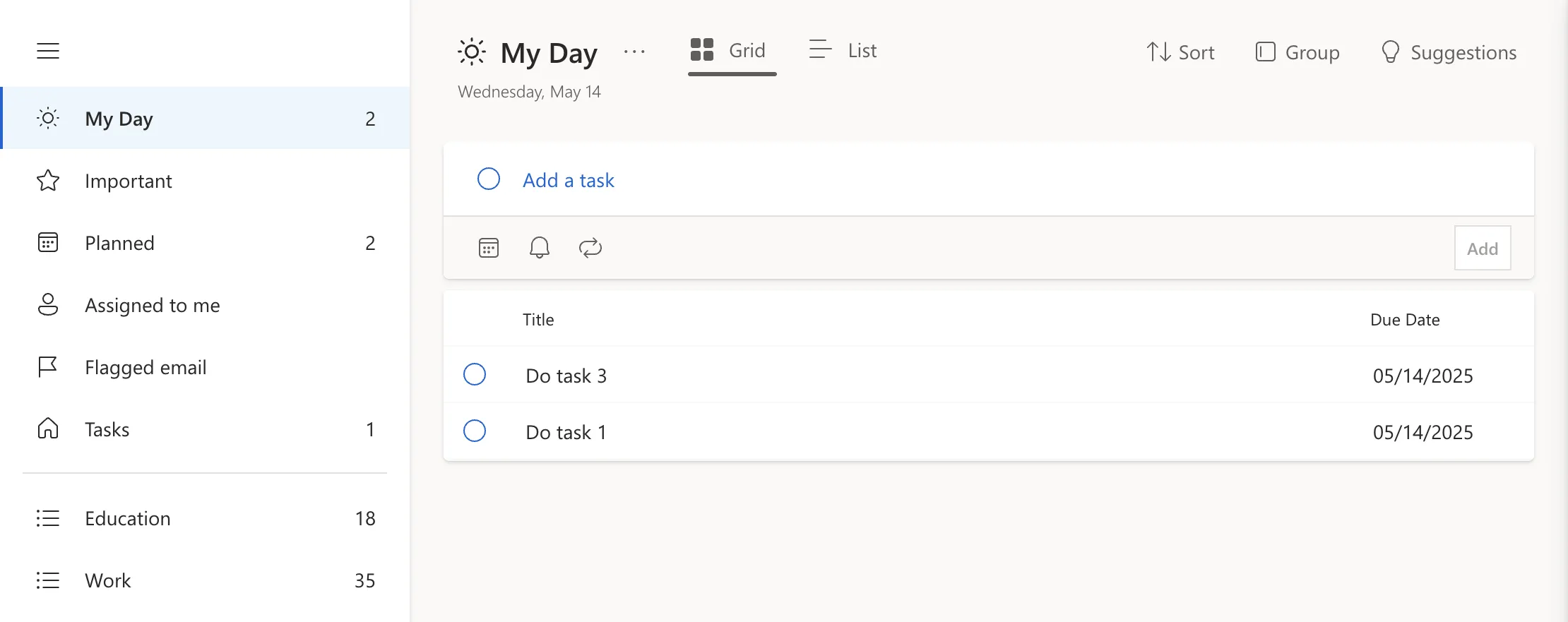 Phần My Day (Ngày của tôi) trong Microsoft To Do hiển thị các công việc được lên kế hoạch cho ngày hiện tại.