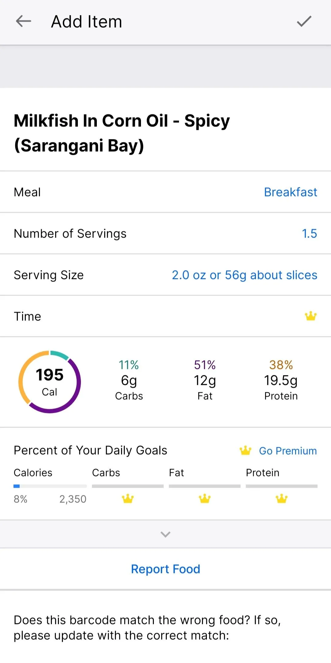 Phân tích macro và khẩu phần ăn của món cá sữa trong MyFitnessPal