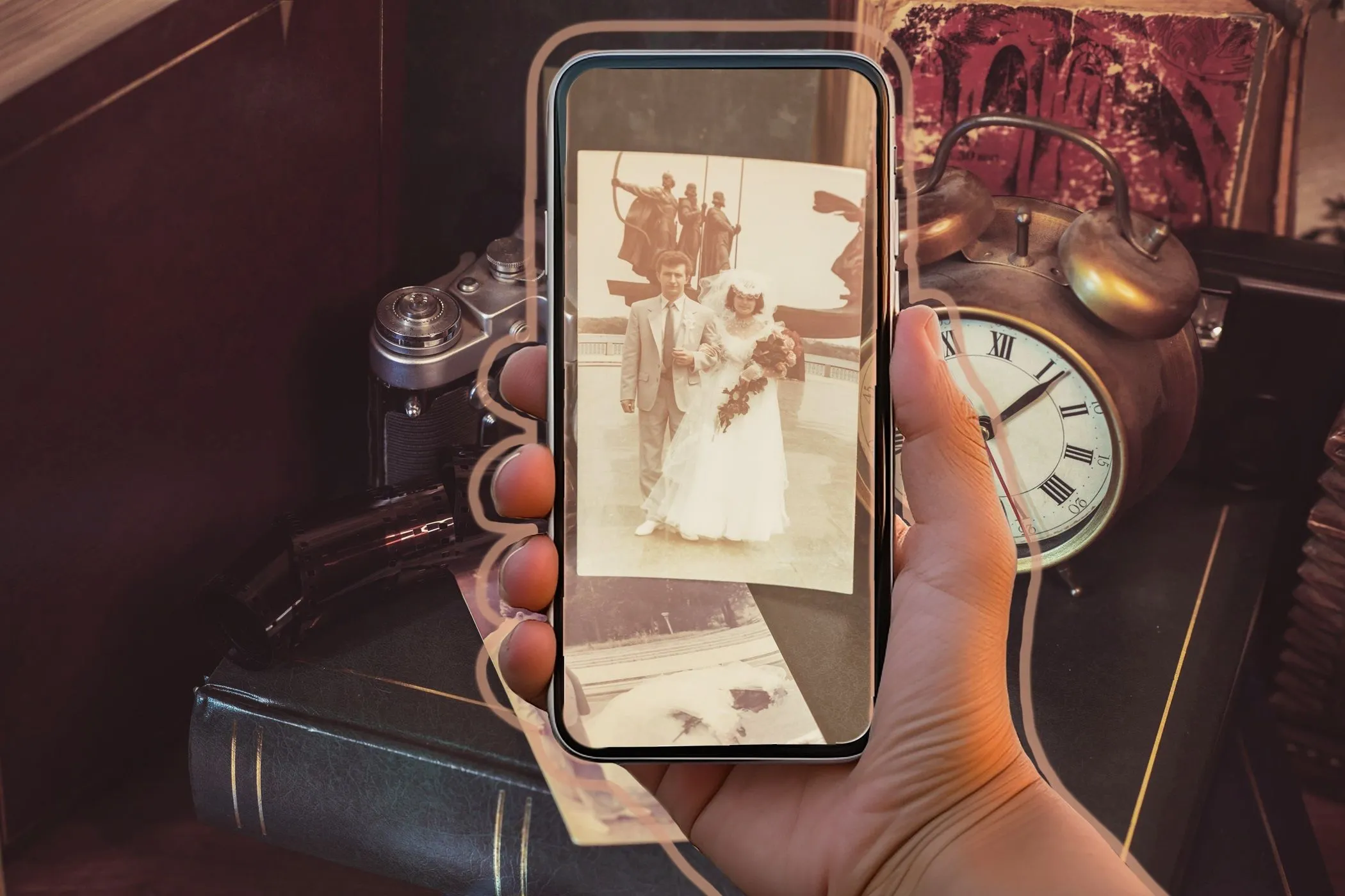 Phong cách vintage với các đồ vật cổ điển và hiệu ứng chụp ảnh điện thoại.