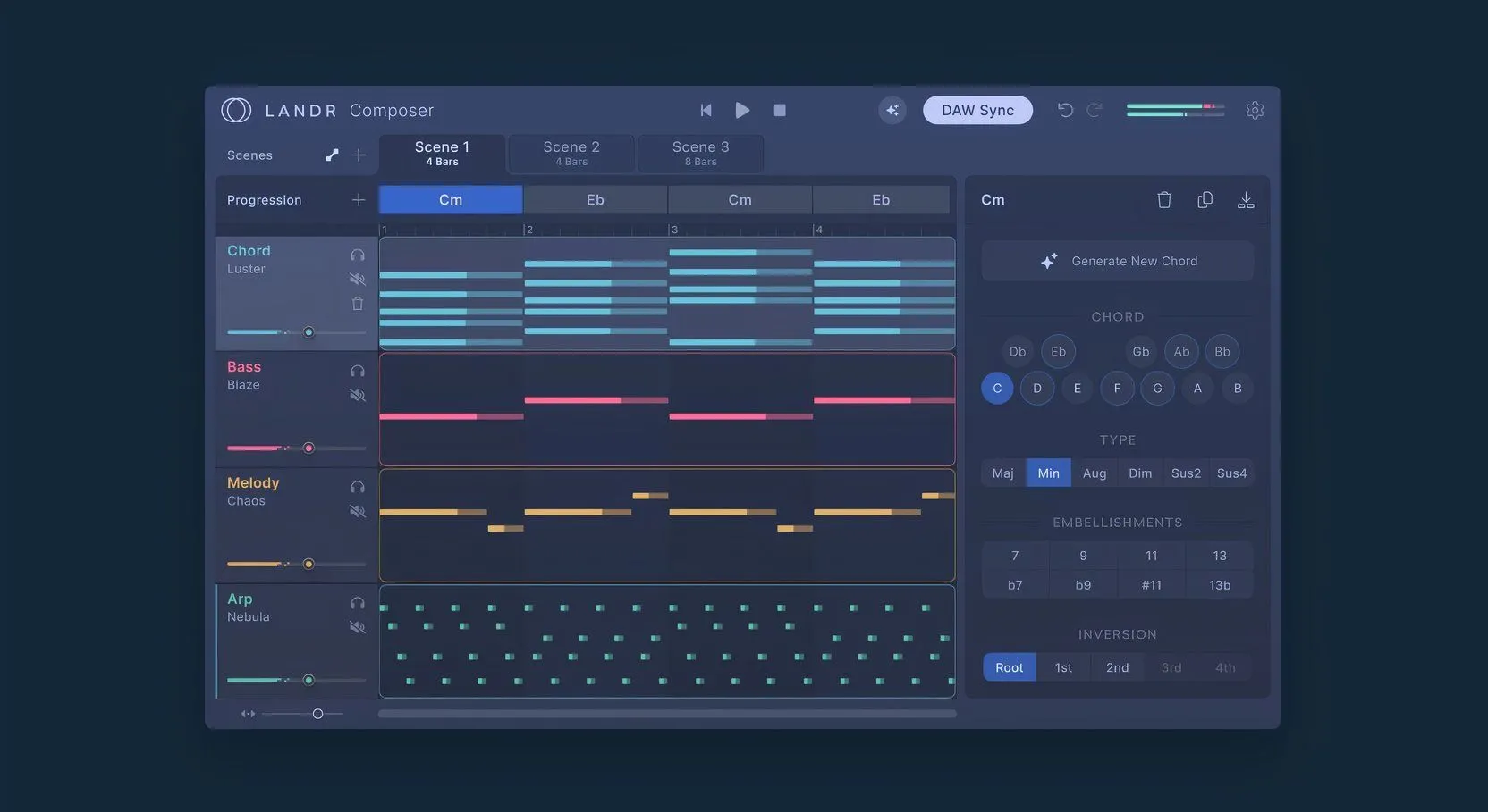 Plugin LANDR Composer hiển thị các yếu tố bài hát như arpeggios, basslines và giai điệu