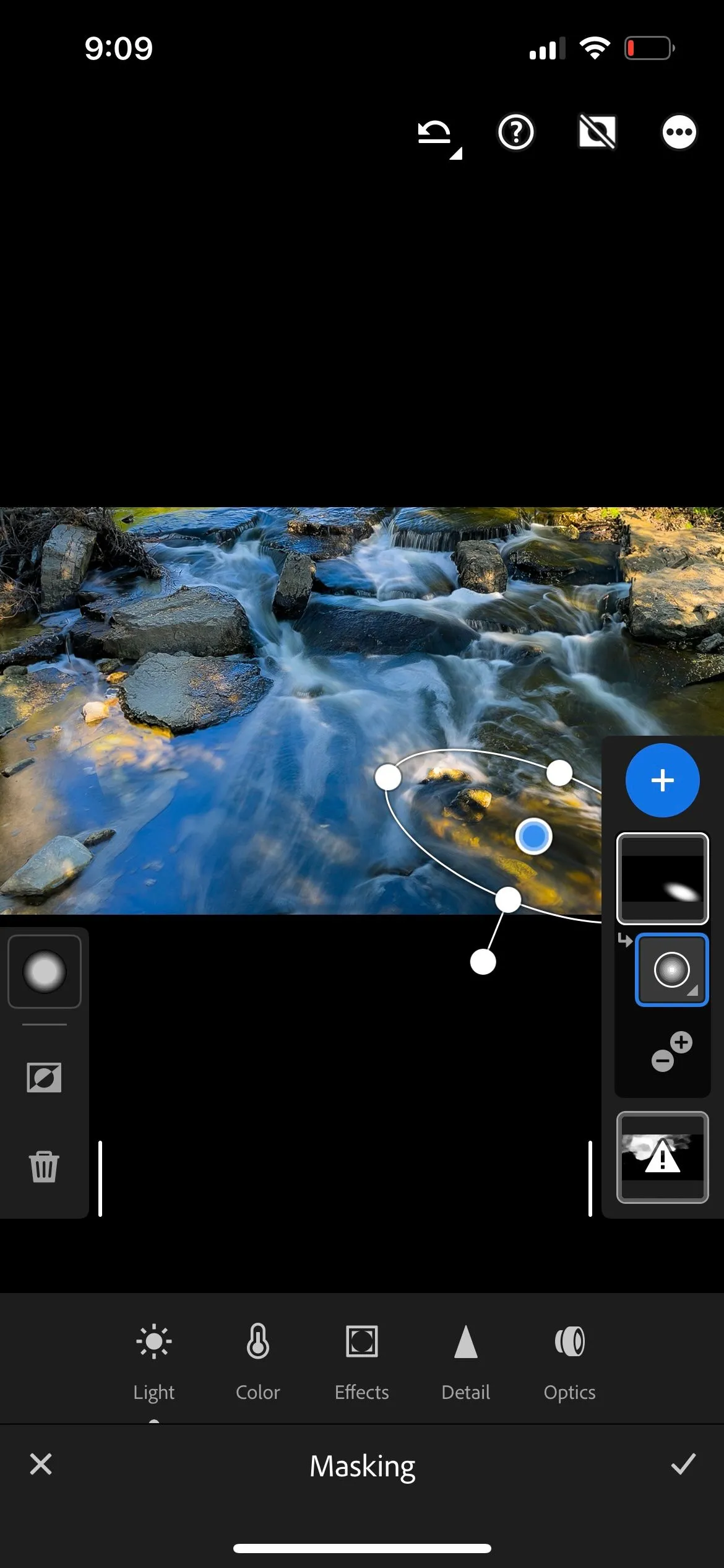 Quá trình chỉnh sửa ảnh phơi sáng dài trong Lightroom Mobile, sử dụng công cụ masking