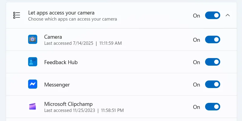 Quản lý quyền truy cập Camera của ứng dụng trên Windows 11.