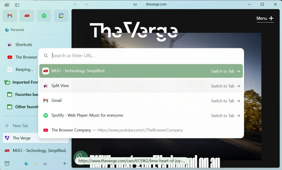 Quản lý tab trên Arc browser với thanh sidebar dọc và tùy chọn chuyển đổi tab