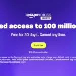 Quảng cáo dịch vụ Amazon Music Unlimited với các ưu đãi và thời gian dùng thử miễn phí.