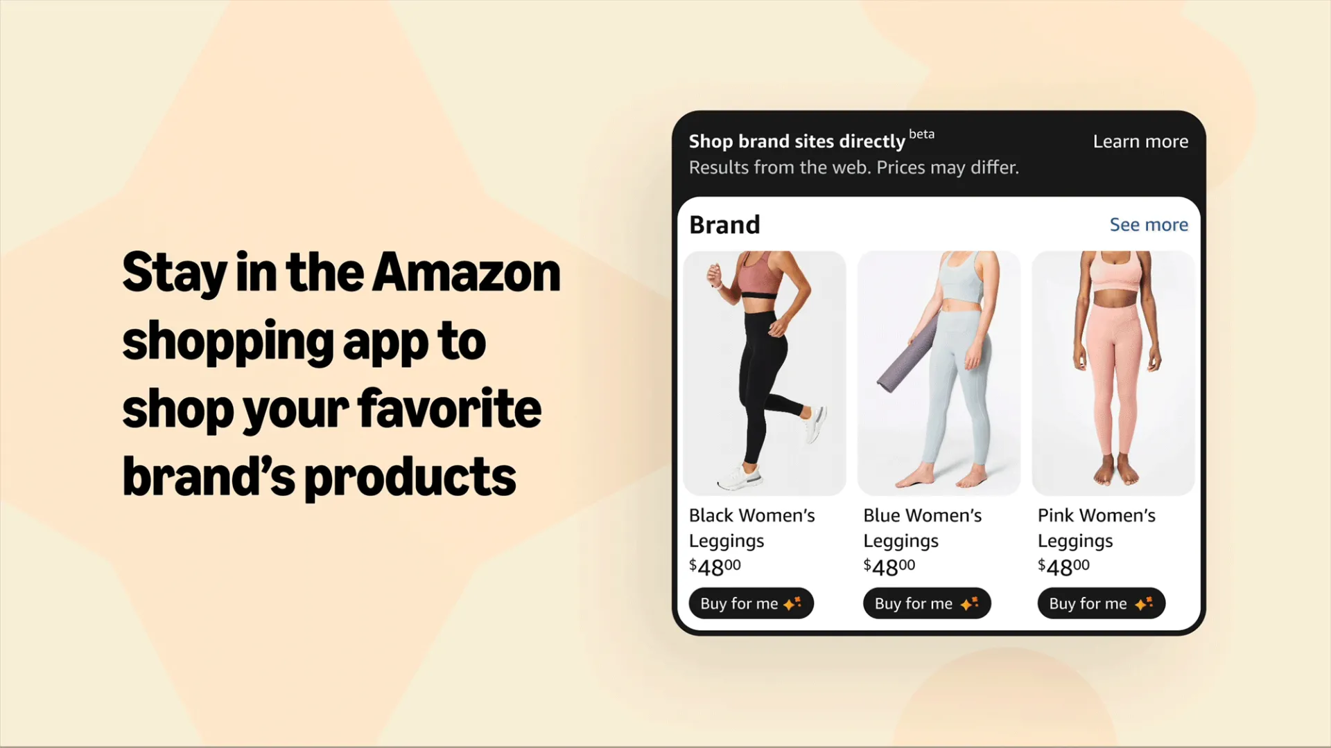 Quảng cáo tính năng &quot;Mua hộ&quot; của Amazon trên ứng dụng mua sắm, hiển thị các hàng quần legging nữ