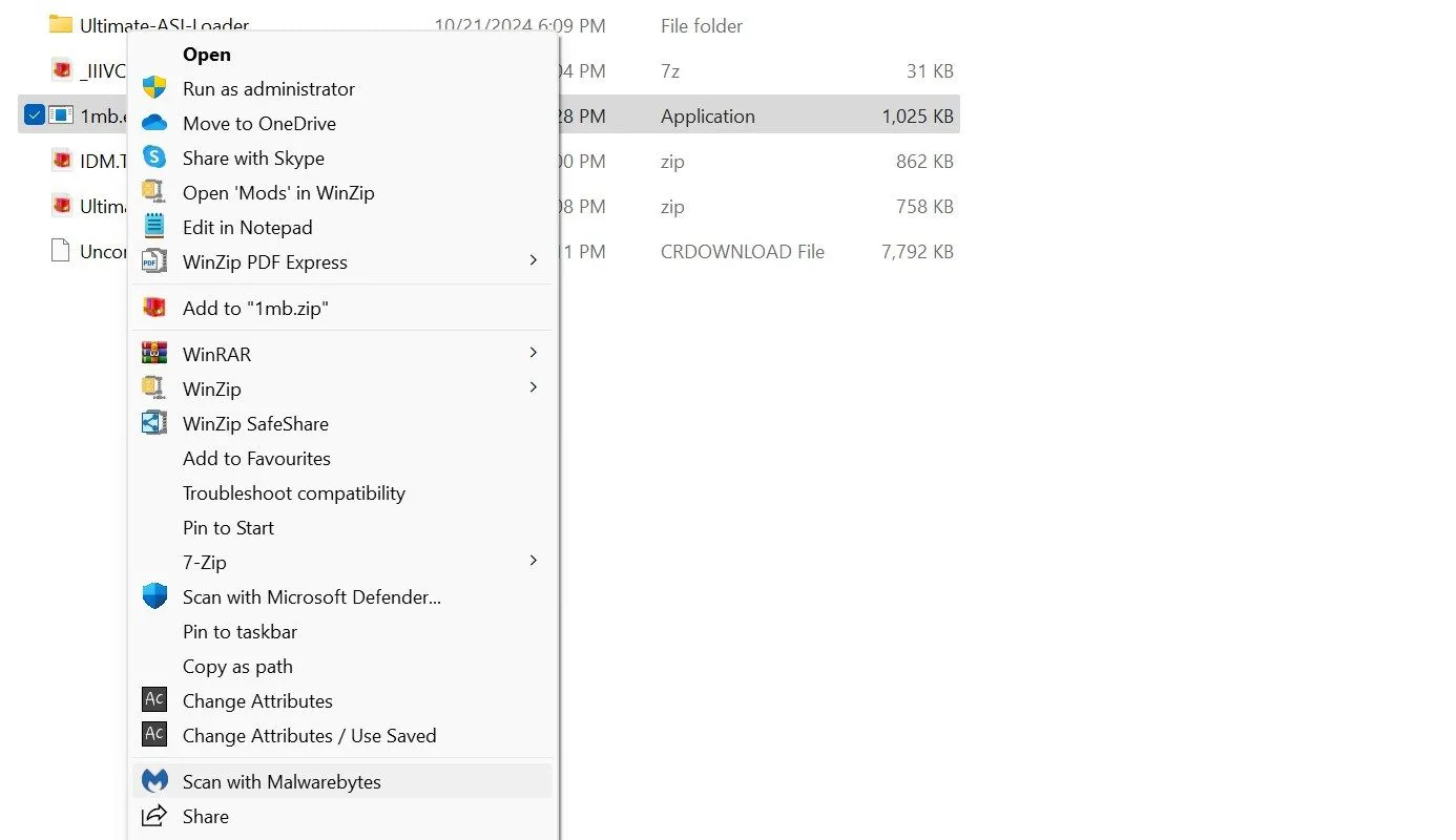 Quét một file bằng Malwarebytes trên Windows để kiểm tra virus.