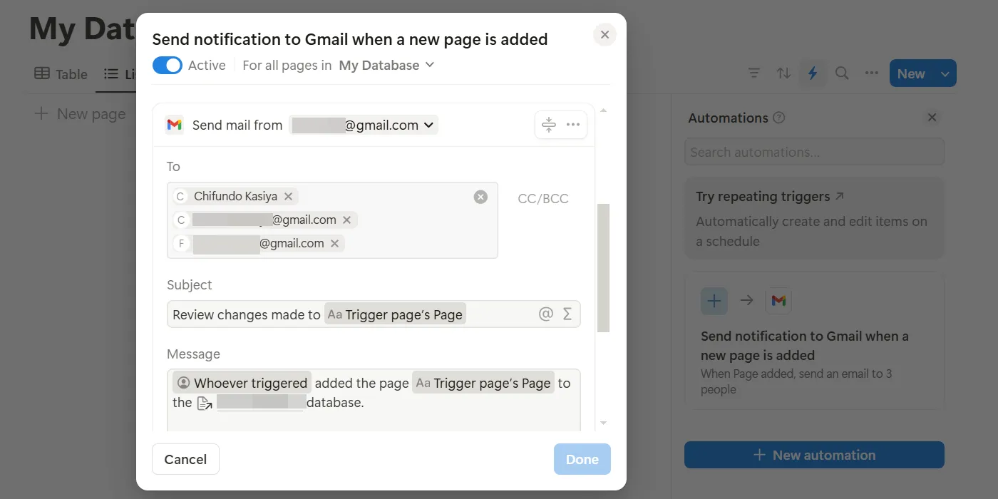 Quy trình tự động hóa Gmail được thiết lập trong Notion