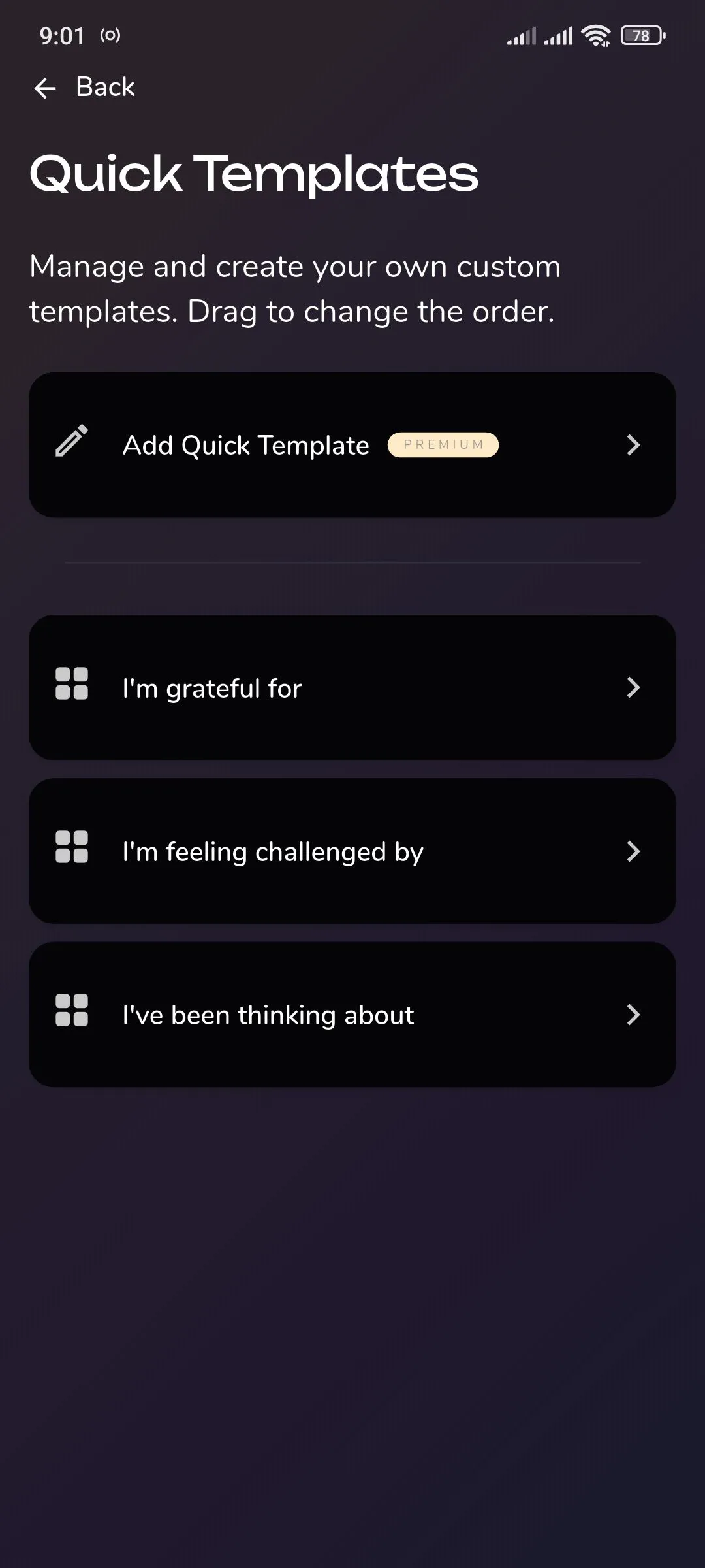 Reflection.app hiển thị danh sách các mẫu nhanh và nút thêm mẫu, thể hiện khả năng tùy chỉnh dành cho người dùng Premium