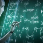 Robot AI đang giải bài toán phức tạp trên bảng xanh, minh họa khả năng suy luận logic từng bước của AI.