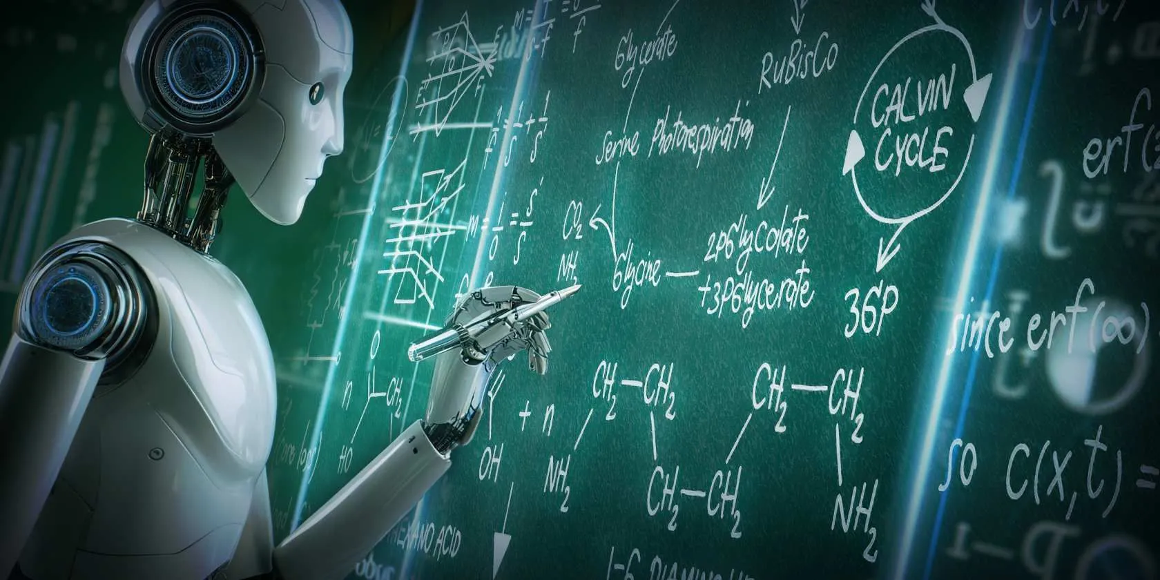 Robot AI đang giải bài toán phức tạp trên bảng xanh, minh họa khả năng suy luận logic từng bước của AI.