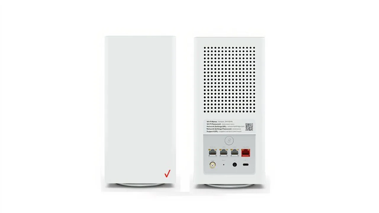 Router Verizon thế hệ mới màu trắng đặt trên mặt bàn gỗ, tượng trưng cho phần cứng cơ bản của nhà mạng