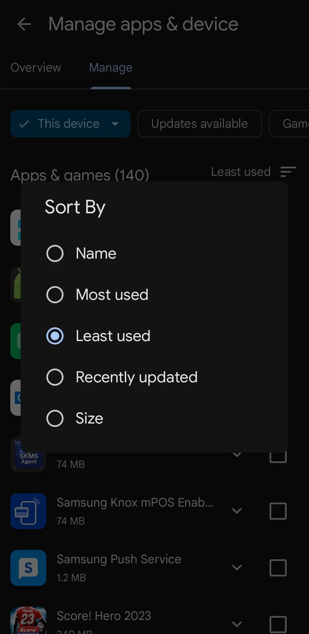 Sắp xếp và lọc ứng dụng ít dùng nhất trong Google Play Store để gỡ cài đặt trên điện thoại Samsung