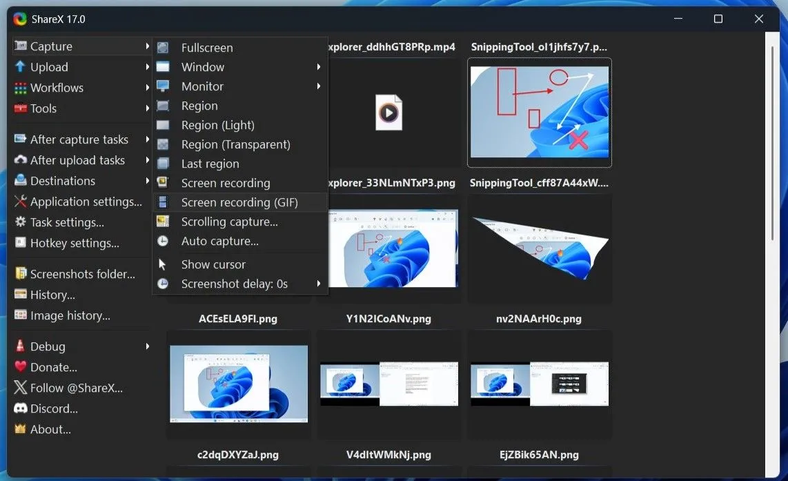 ShareX cho phép người dùng lựa chọn nhiều chế độ chụp màn hình khác nhau trên Windows