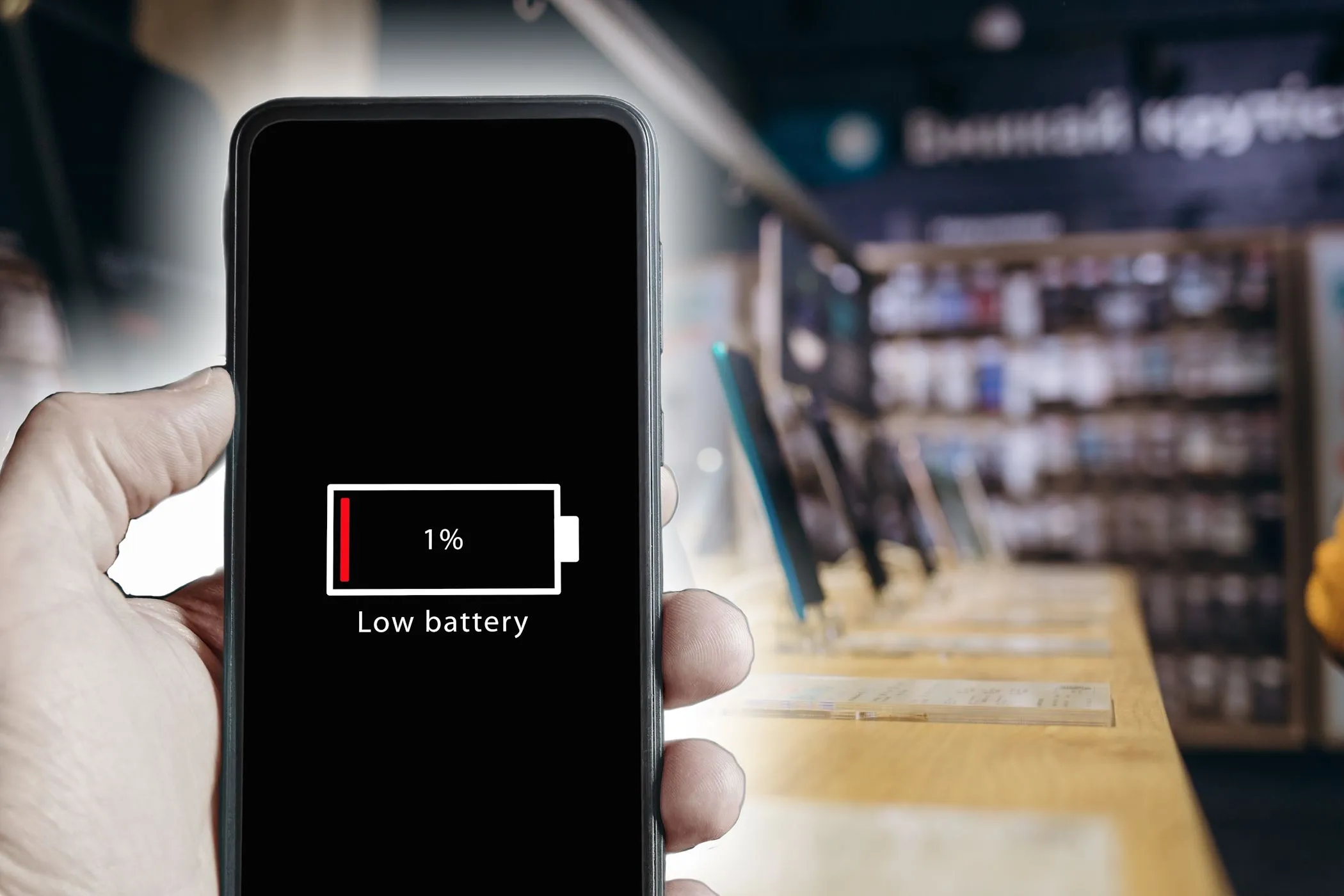 Smartphone hiển thị thông báo pin yếu trong môi trường cửa hàng điện tử.