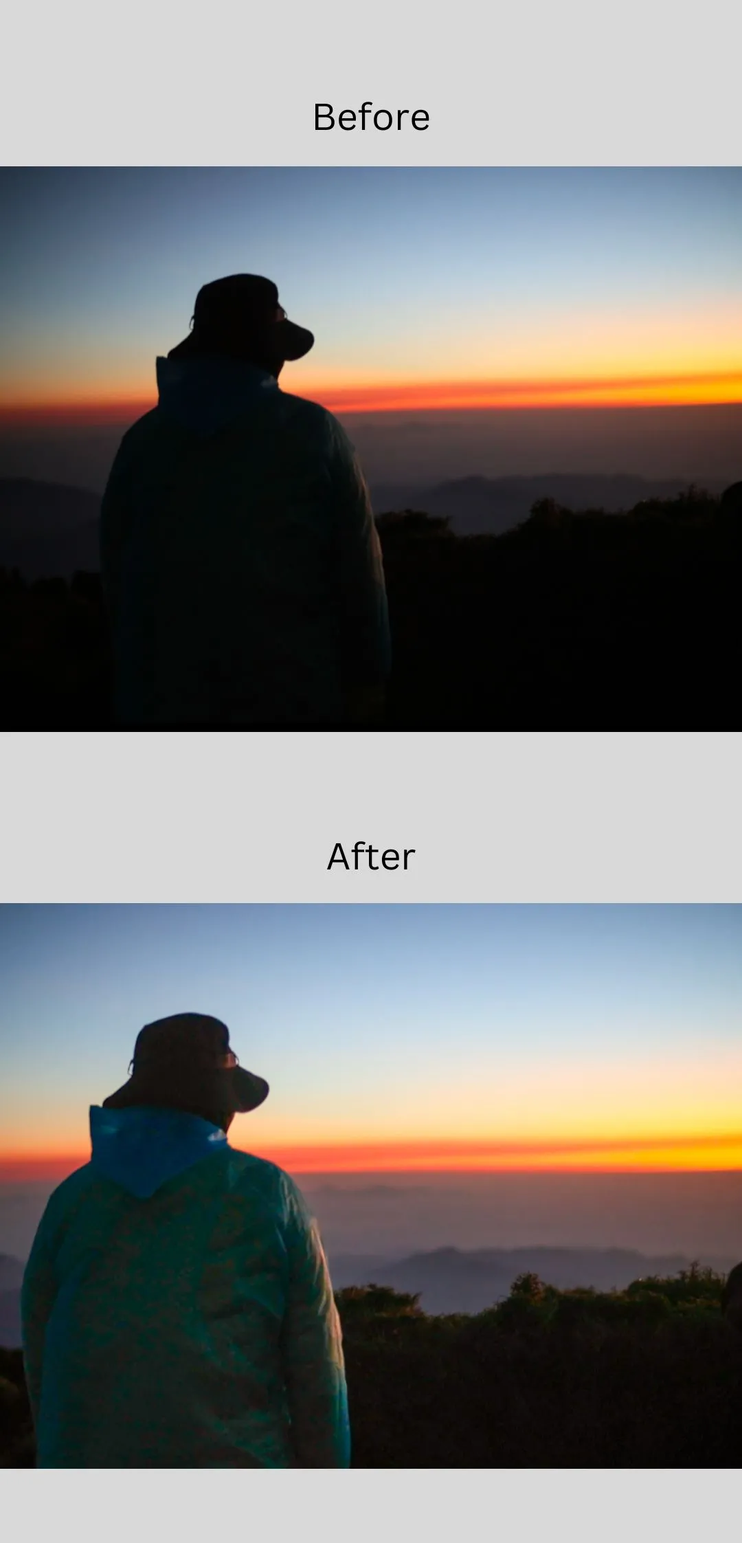 So sánh ảnh trước và sau khi chỉnh sửa màu sắc và ánh sáng trong Adobe Lightroom Mobile.