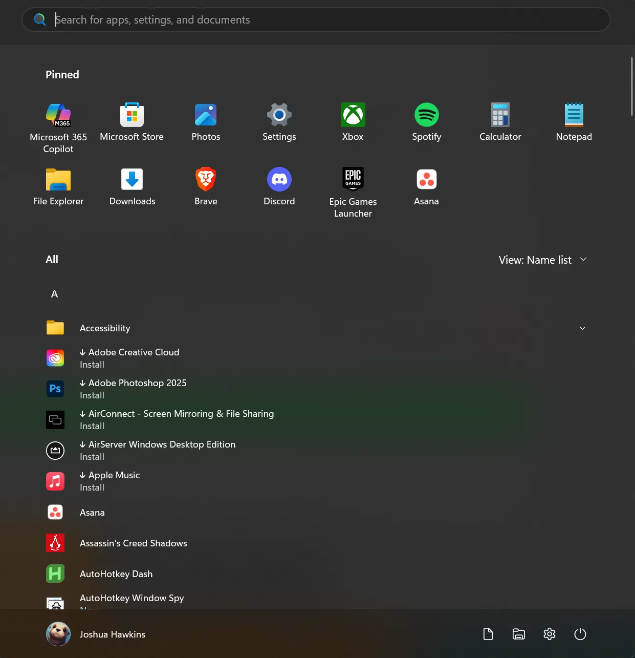 Start Menu Windows 11 Insider hiển thị danh sách tất cả ứng dụng trong một giao diện rộng hơn