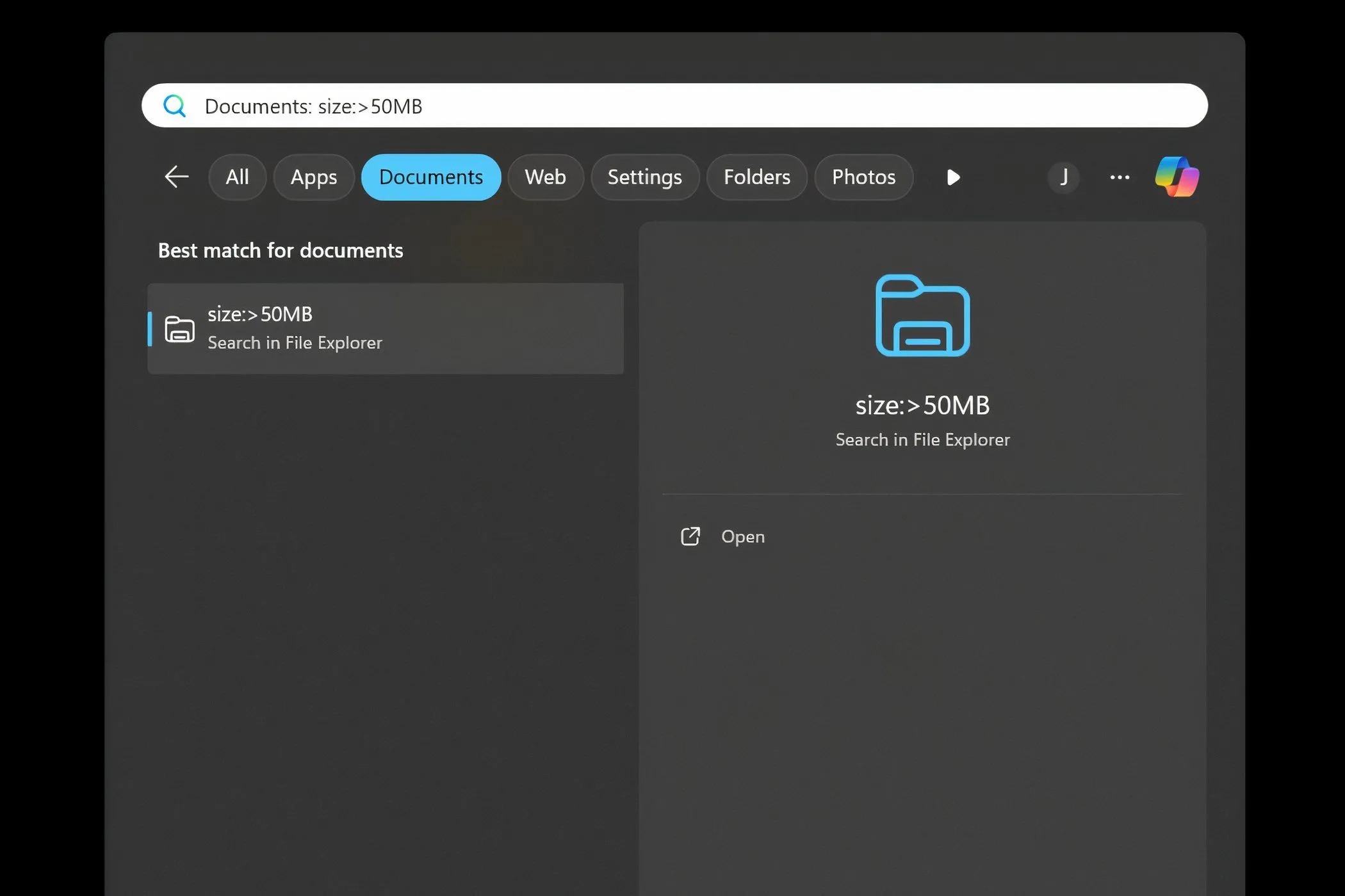 Sử dụng bộ lọc dung lượng để tìm kiếm các tệp lớn trên hệ điều hành Windows