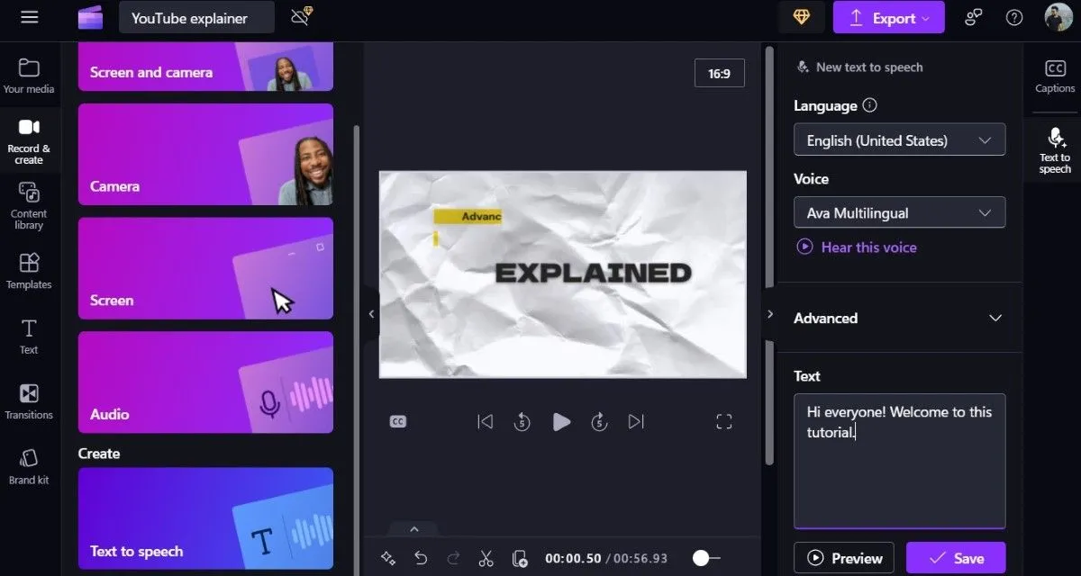 Sử dụng công cụ Text-to-Speech của Clipchamp để tạo giọng đọc tự động