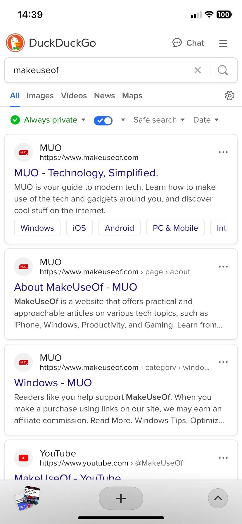Sử dụng công cụ tìm kiếm DuckDuckGo trong Arc Search trên iPhone, minh họa tính năng bảo mật