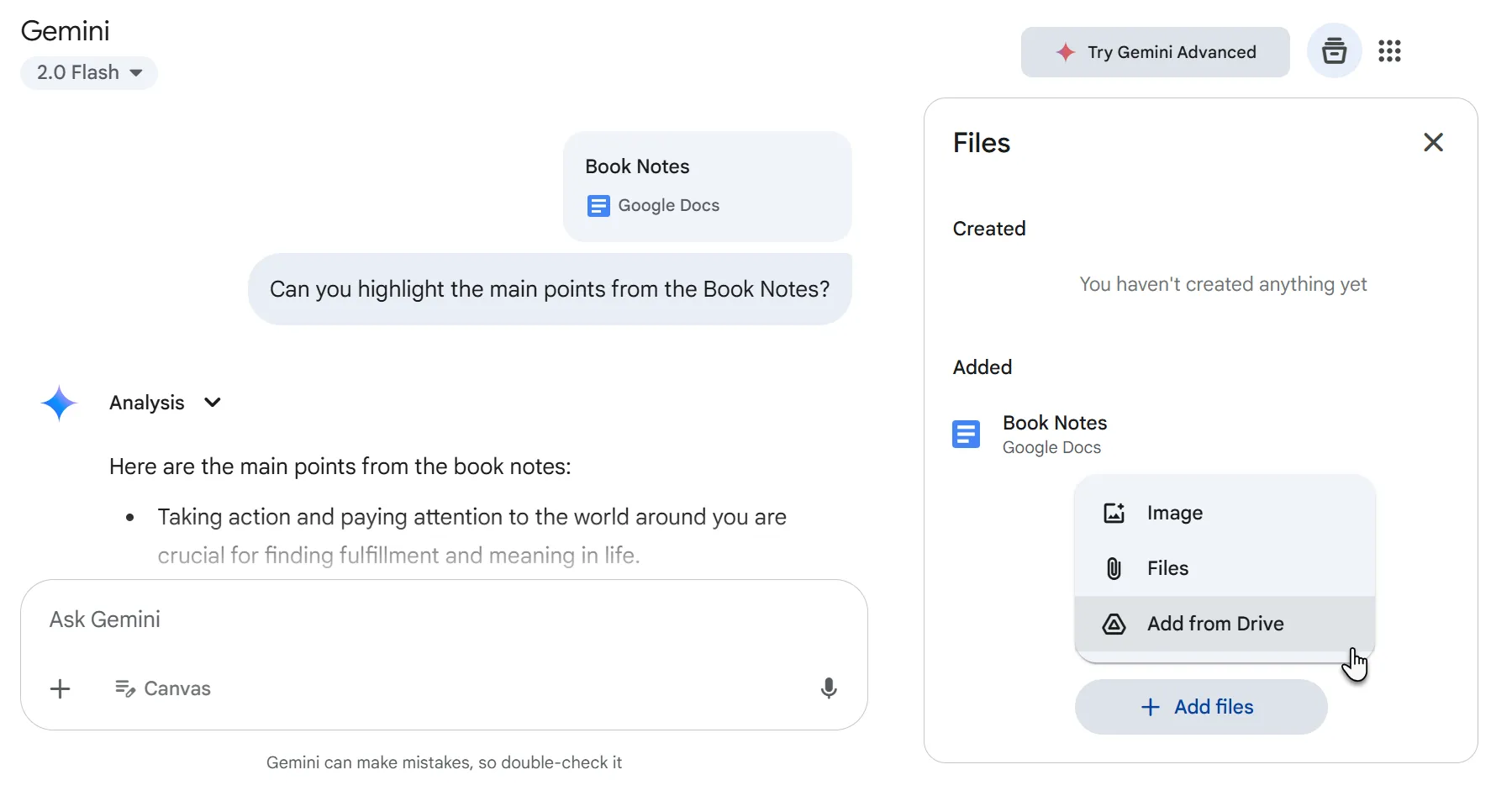 Sử dụng Gemini AI để tương tác và phân tích nội dung ghi chú từ Google Docs, hiển thị các gợi ý và câu trả lời.