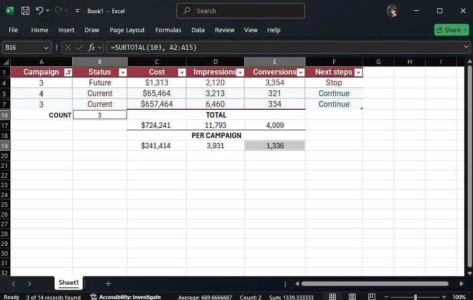 Sử dụng hàm SUBTOTAL để đếm số ô hiển thị trong bảng Excel