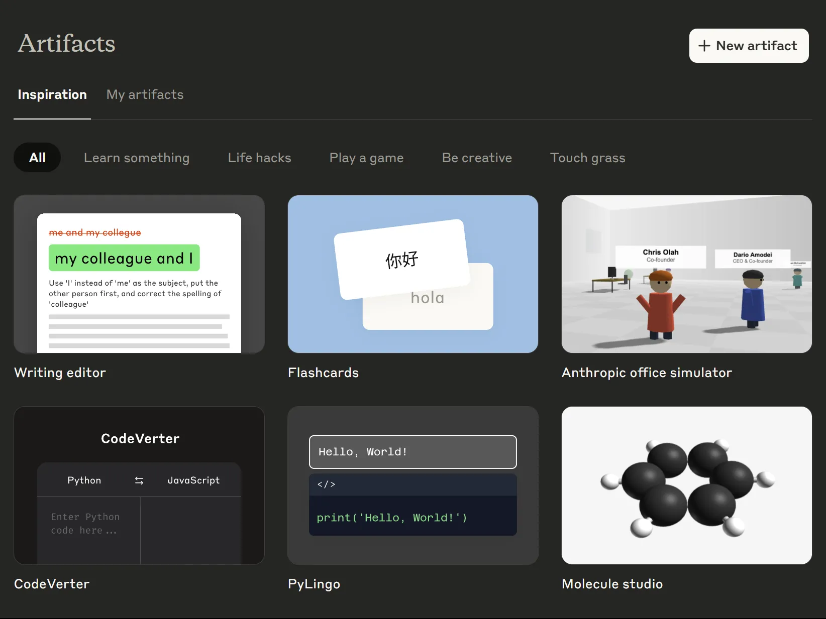 Tab &quot;Inspiration&quot; trong Claude Artifacts trên ứng dụng web, cho thấy các công cụ được tuyển chọn sẵn có của Claude.