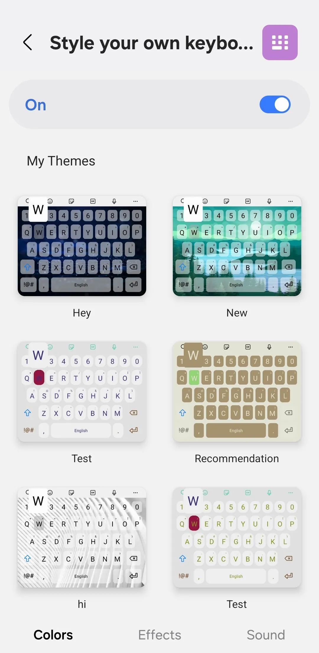 Tab Màu sắc trong ứng dụng Keys Cafe để tùy chỉnh giao diện bàn phím Samsung