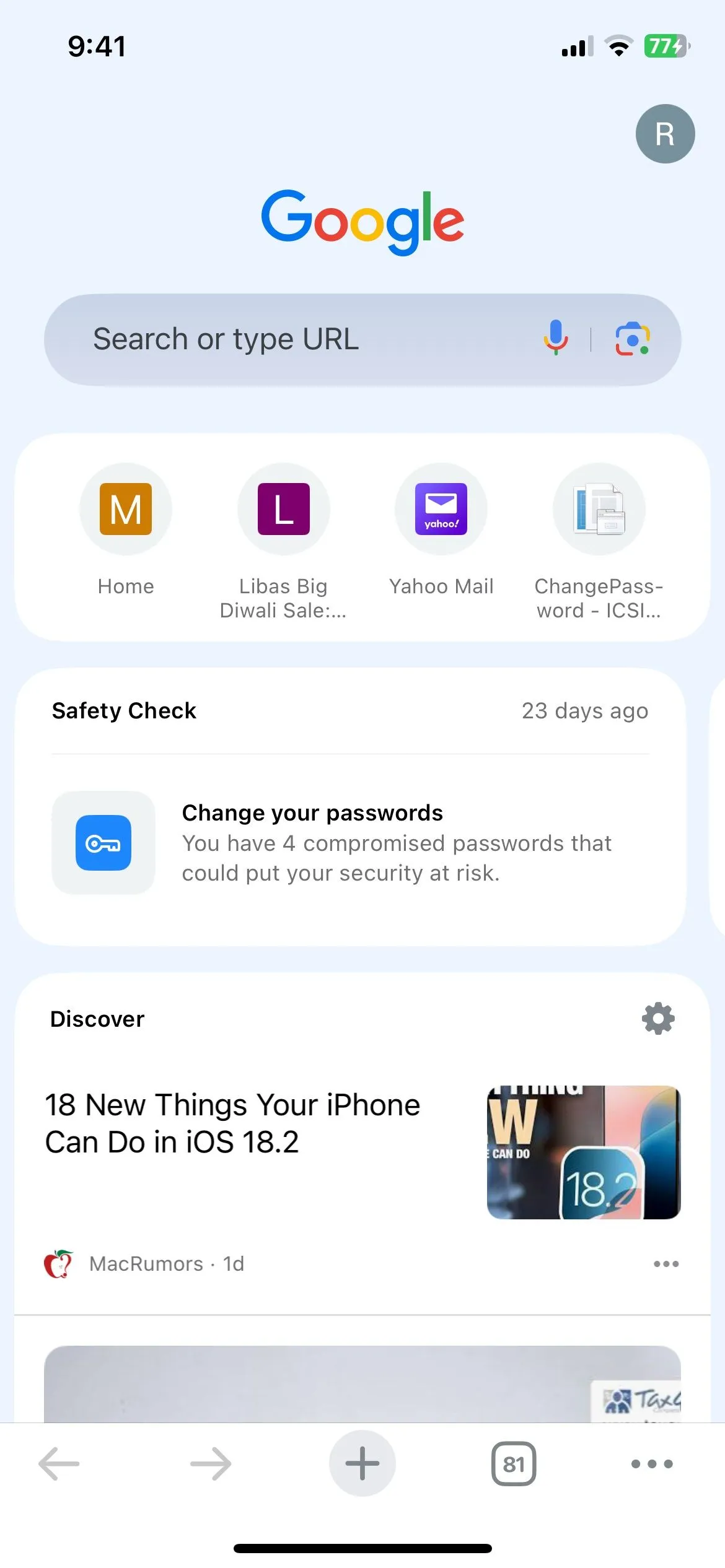 Tab mới của Chrome trên iPhone