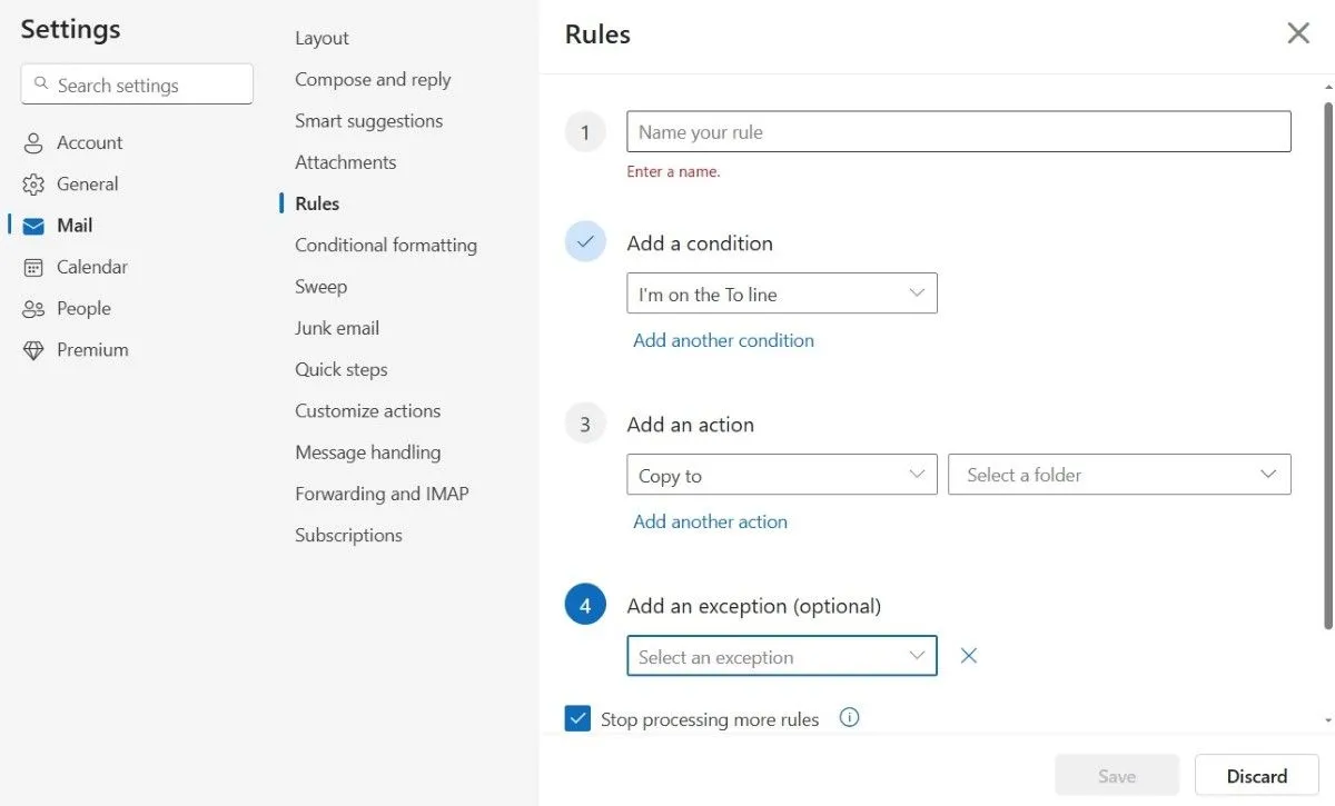 Tab Rules trong cài đặt mail của Outlook