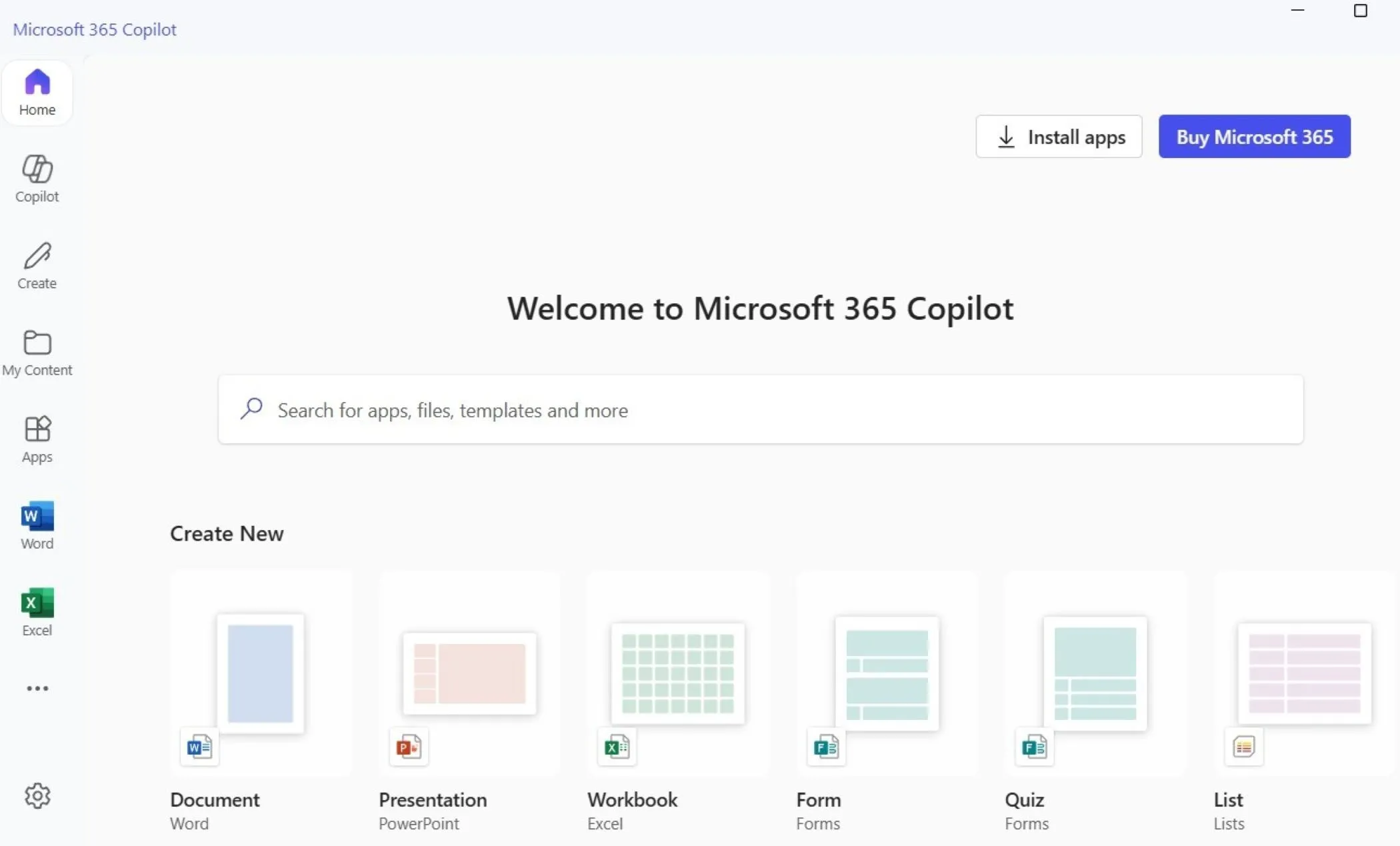 Tab trang chủ của ứng dụng Microsoft 365 Copilot, hiển thị các tài liệu Office gần đây và tùy chọn tạo mới