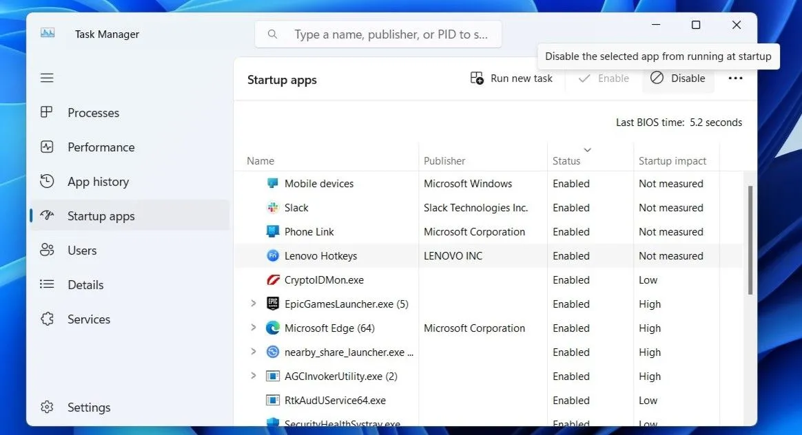 Tab Ứng dụng khởi động trong Trình quản lý tác vụ Windows 11