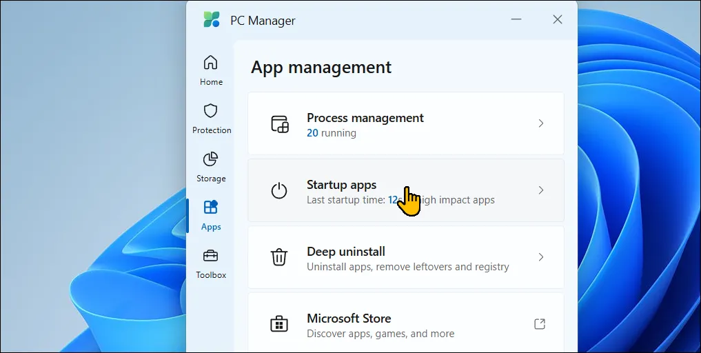 Tab Ứng dụng mở trong Microsoft PC Manager trên Windows 11