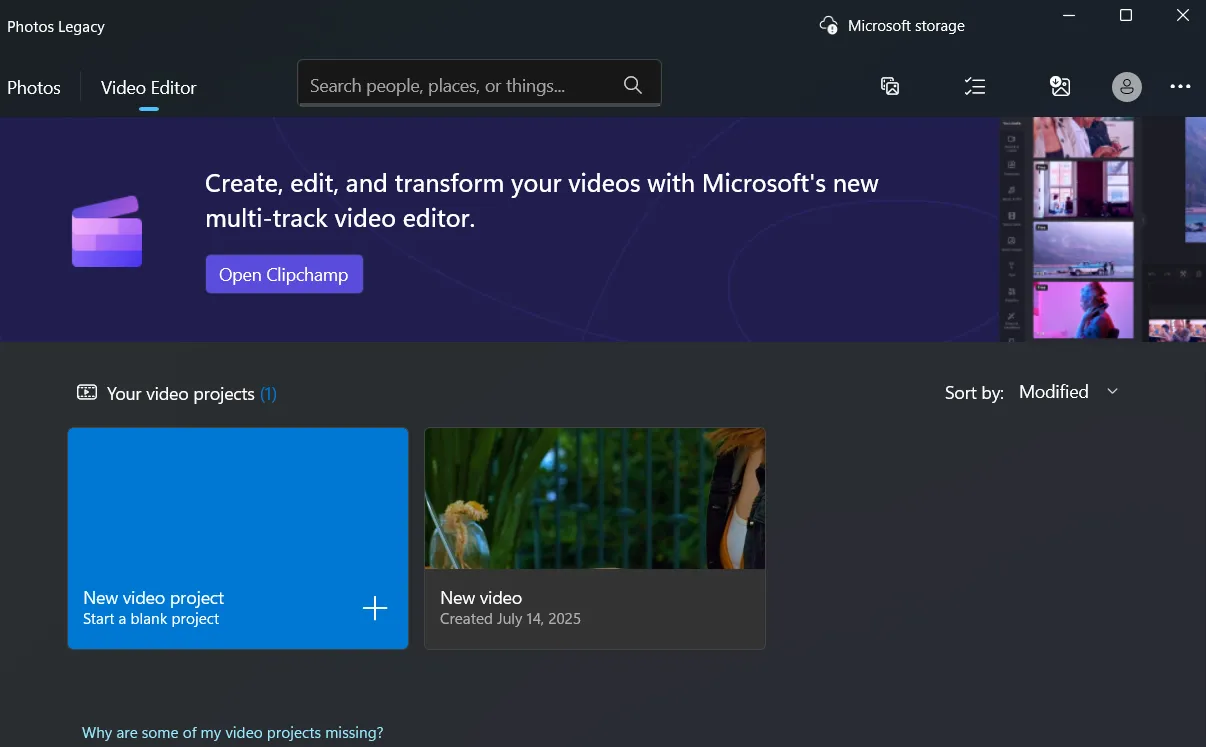 Tab Video Editor trong ứng dụng Windows Photos Legacy