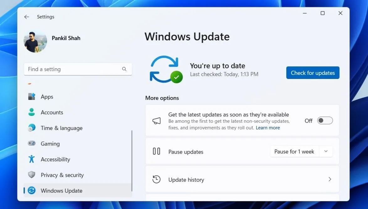 Tab Windows Update trong ứng dụng Cài đặt của Windows, hiển thị trạng thái cập nhật hệ thống