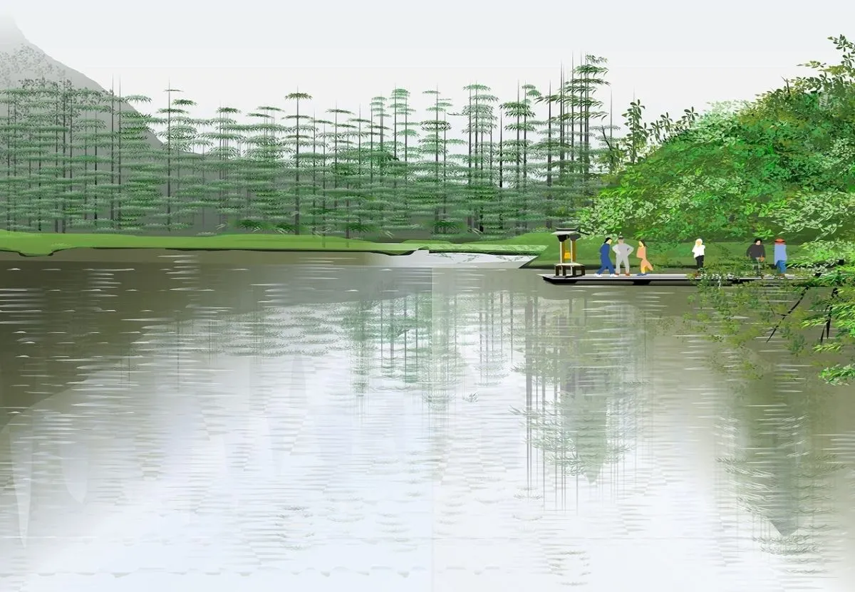 Tác phẩm nghệ thuật phong cảnh miếu thờ Myojin với cây cối gần đó được tạo hoàn toàn bằng các tính năng vẽ trong Excel, do nghệ sĩ Tatsuo Horiuchi thực hiện