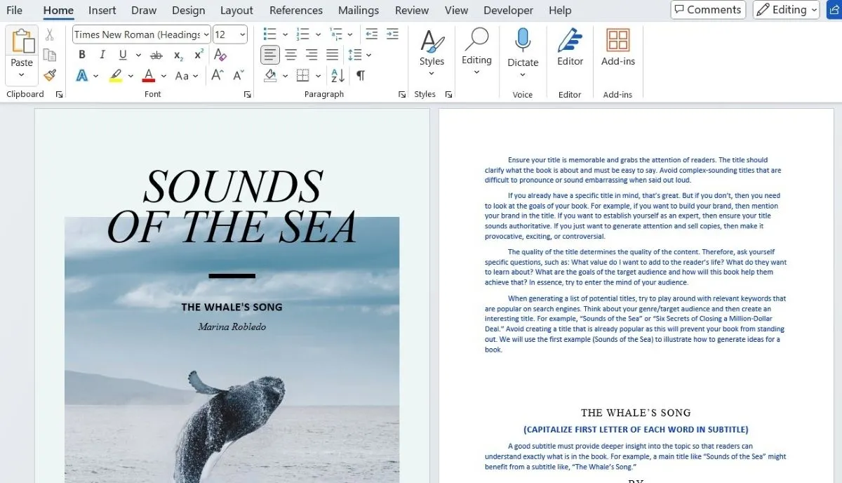 Tài liệu Word hiển thị trang bìa eBook &quot;Sounds of the Sea&quot;, minh họa khả năng tạo sách điện tử hoàn chỉnh.
