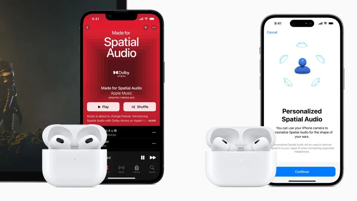 Tai nghe AirPods 3 và AirPods Pro 2 đặt cạnh iPhone 13 và iPhone 14 Pro, hiển thị tính năng Spatial Audio của Apple Music.